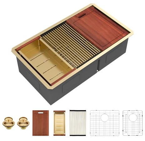 Sarlai 33 Inch Gold Undermount Kitchen Sink Double Bowl 33 x 19 Inch Low Divided Gold Workstation Double Kitchen Sink Stainless Steel 16 Gauge 60/40 Sinks Basin