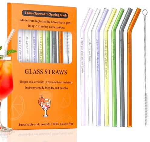 POKOPIA Cannucce in Vetro Aperol Spritz Regalo, 7 Pezzi da 20 cm, Ricurve Colorate con Spazzola per Pulizia, Set Ideale per Amanti dell'Aperol