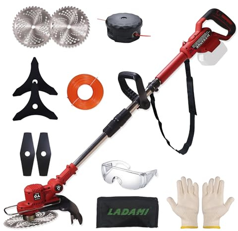 LADAMI sladdlös grästrimmer för Makita batteri 18 V, grästrimmer med klipphuvud, gräsklippare, teleskopfriklippare batteri med låg ljudnivå, elektrisk grästrimmer med 3 typer av blad för trädgård