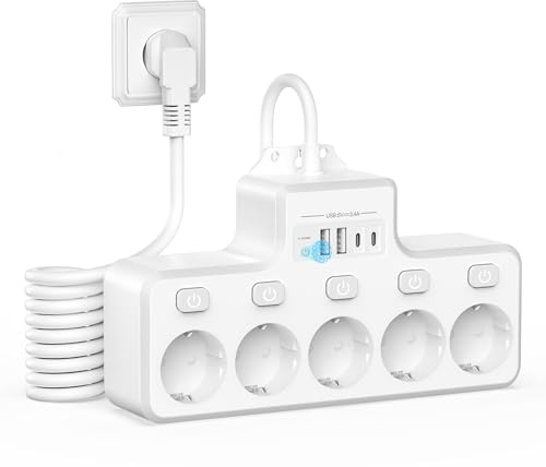 COLSTAR grenuttag med överspänningsskydd, 5-vägs och individuellt omkopplingsbar, med 2 USB-A och 2 USB-C – för väggmontering i kök, kontor, vardagsrum, 1,8 m kabel, 4 000 W/16 A