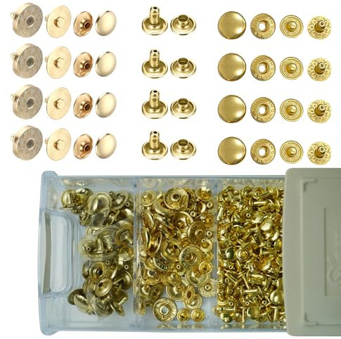 Trimming Shop DIY Gold Fastener Kit - 8 mm Doppelkappennieten + 15 mm S-Feder-Druckknöpfe + 14 mm magnetische Druckknöpfe und stapelbare Aufbewahrungsbox für Lederwaren-Reparatur