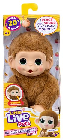 Little Live Pets Baby Monkey Minis – Pepi Peach. Interactive Pet Toy. 20+ Sounds & Reactions. Soft Brown Fur, 7.4 Tall. Super Realistic. Feed, Nurture, React. Grippy Hands & Feet. Collect All 3