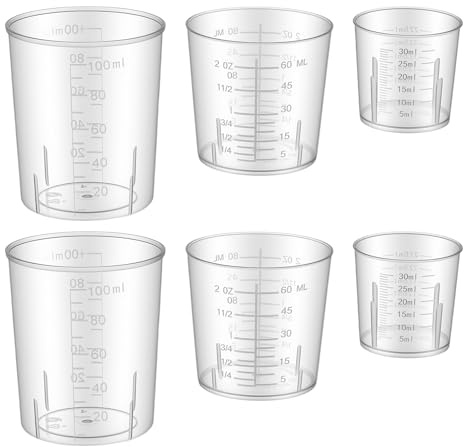 6er-Set Messbecher 30/60/100 ml TransparenteMessbecher Klein Sets für Labor-Messbecher Kunststoff-Messbecher für Küche Backen Labor Messen Genau Stapelbar