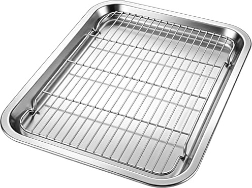 2 Pcs Stainless Steel Baking Sheet with Wire Rack Set, 12.6 x 8.7 in Cookie Sheet Pan, Oil Draining Tray and Cooling Rack, Sturdy & Easy to Clean