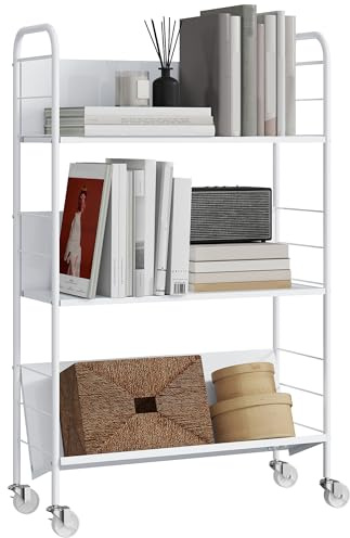 HOMCOM Bücherregal, Mobiles Büro-Aufbewahrungsregal, 69 x 26 x 108 cm, Weiß | 3 Ebenen, Räder, Spielzeugregal aus Metall, Bücherschrank für Schlafzimmer