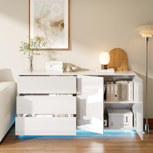 Buffet de Salon Moderne 160x35x76 cm avec LED, Meuble de Rangement avec 3 Tiroirs et 2 Portes, Buffet Brillant Moderne Commode Salon Brillant Buffet Salle à Manger et Cuisine (Blanc-3, 160x35x76)
