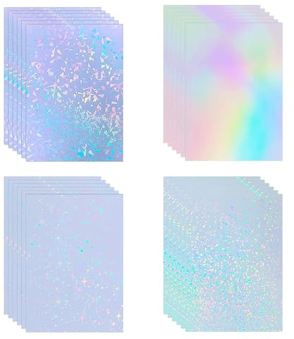 flintronic 32Pcs Papel Holográfico Adhesivo, 29,7 x 21 cm, Lámina Holográfica, 4 Iridiscente Diseños, para Manualidades, Transparente