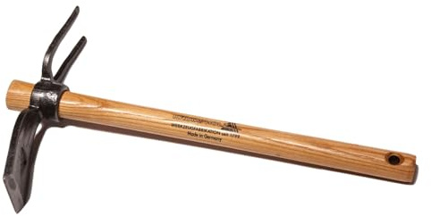 Unbekannt Gartenhäckchen geschmiedet - mit rundem Auge und Zwei Zinken - Stiel aus Eschenholz, 40 cm lang - Krumpholz Gartengerät