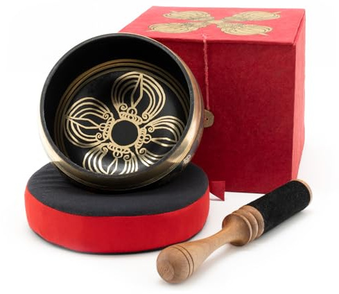 Gegossene Klangschale mit traditionellem Ornament edel in Geschenk-Box aus Loktha Papier mit Doppeldorje verpackt -5010-, Hergestellt in Nepal, besonders für Yoga, Schule, Klangschalen-Set