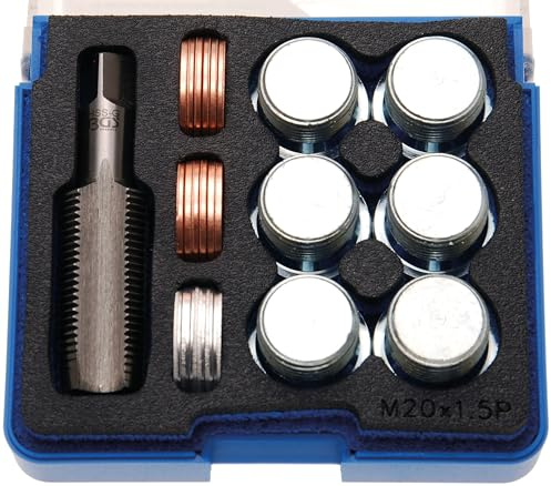 BGS 159 | Reparatursatz für Öl-Ablass-Gewinde | M20 x 1,5 mm | HSS-G-Gewindebohrer | 6 Ersatzschrauben | 12 Kupfer-Dichtringe | 6 Aluminium-Dichtringe