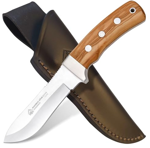 PUMA IP - Montero Olive – Feststehendes Full-Tang Outdoormesser mit Olivenholz-Griff – handgefertigt - robuste Klinge mit einer 119mm Länge – Gesamtlänge 234mm – mit hochwertiger Sattellederscheide