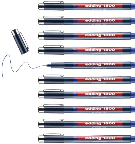 edding 1800 Präzisionsfeinschreiber - blau - 10 Stifte - Linienbreite 0,25 mm - Fineliner zum präzisen Schreiben und Skizzieren - feine, metallgefasste Spitze - Lineal- und schablonengeeignet