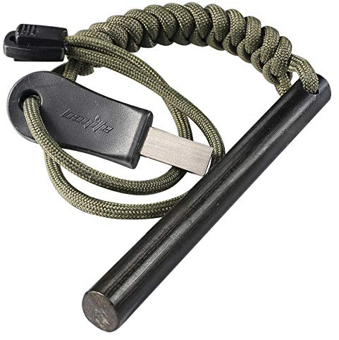 bayite 4 Inch Survival Ferrocerium Drilled Flint Fire Starter, Ferro Rod Kit with Paracord Landyard Handle and Striker, 4(Long) x 3/8(Diameter)
