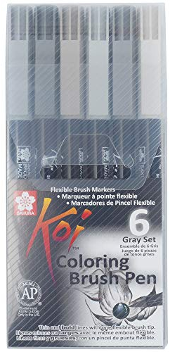 SAKURA Koi Colouring Pinselstifte Set - Urban Shades - 6 Grautöne - Flexible Pinselspitze für Linienvariation - Auf Wasserbasis für Misch- und Aquarelleffekte