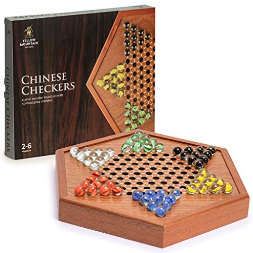 Yellow Mountain Imports Hölzernes Chinesisches Dame Brettspiel-Set mit Schubladen und Bunten Glasmurmeln - 32,2 Zentimeter