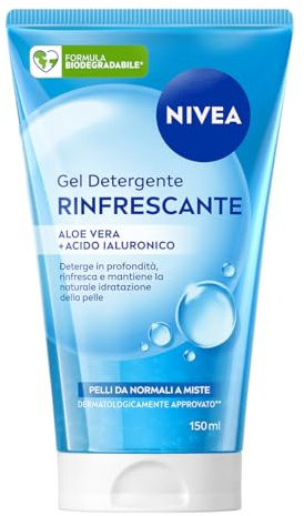 NIVEA Gel Detergente Viso Rinfrescante 150 ml, Detergente schiumogeno viso idratante, Foaming cleanser con Aloe Vera e Acido Ialuronico, Rimuove SPF e impurità, Skincare per pelle da normale a mista