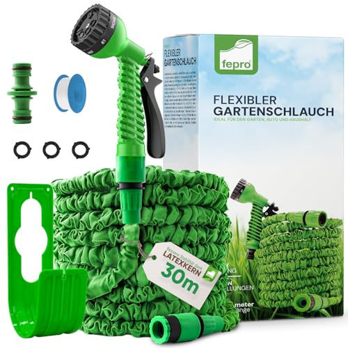 Florafix Flexibler Gartenschlauch, 30M 100FT FlexiSchlauch Schlauch Bewässerungs-Schlauch Wasserschlauch Dehnbar mit 8 Funktion Garten Handbrause aus robustem Kreuzgewebe (11M Ausgedehnt 30M)