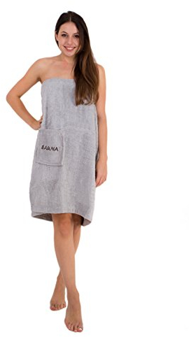 Julie Julsen Toalla para sauna para mujer (75 x 140 cm, botones de presión y goma elástica, 100% algodón), color plateado