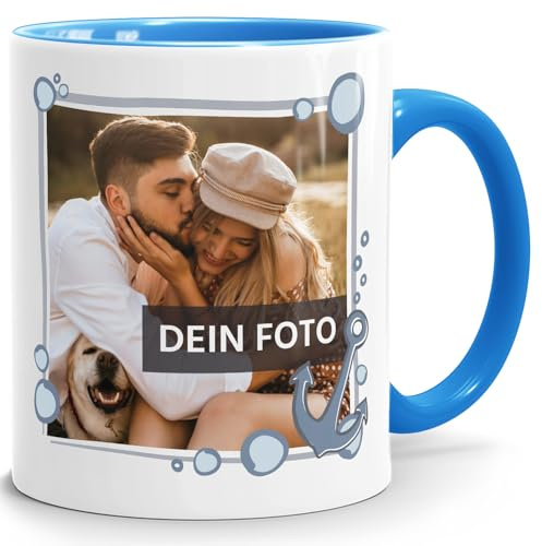 SpecialMe® personalisierte Fototasse mit eigenem Foto persönliches Geschenk mit Bild selbst gestalten Rahmen Herz Anker Inner-blau Keramik-Tasse