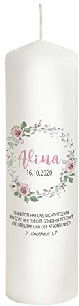 Liamoria® Taufkerze Kranz mit rosa Rosen für Mädchen personalisiert 25 cm Modell Alina - Wunderschönes Geschenk zur Taufe
