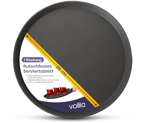volila Schwarzes Rundtablett - 28cm (1er Pack) Gummiertes rutschfestes Serviertablett für Speisen und Getränke - Spülmaschinenfestes rundes Serviertablett für Partys, Zuhause, Bars & Restaurants