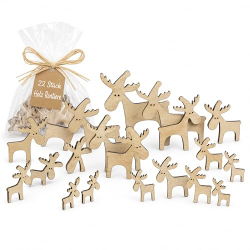 MIJOMA Weihnachtsdeko Rentiere aus Holz im 22er Set – kleine Dekofiguren zum Hinstellen, Anhängen und Verzieren für Tisch, Fenster und Christbaum