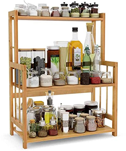 BAKAJI Supporto Portaspezie Scaffalatura Mobile Scaffale in Legno con 3 Ripiani Porta Spezie Barattoli e Accessori Cucina Mensola Centrale Regolabile Design 53 x 42 x 18 cm