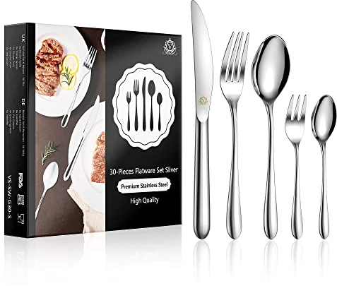 vancasso Besteck Set 6 Personen,30-Teilig Silberbesteck mit 6x Messer/6x Gabel/6x Löffel/6x Dessertlöffel, 18/10 Edelstahl Besteckset Poliert mit Geschenkbox, Spülmaschinenfest