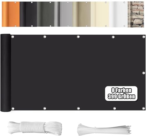 WEALSFUN Balkon Sichtschutz Balkonabdeckung (390Größen & 8 Farben) Balkonverkleidung Ohne Bohren blickdichte Wind UV-Schutz mit Ösen Kabelbinder Kordel,75X500CM Schwarz