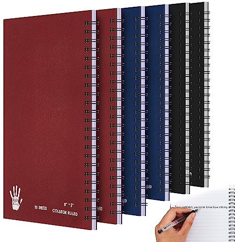 6 Stück Linkshänder-Notizbuch, klein, Linkshänder, Spiralbindung, Mini-Notizbuch, 8 x 5, 50 Blatt, College, breit, liniert, Papier-Tagebuch für die Schule (schwarz, rot, blau)