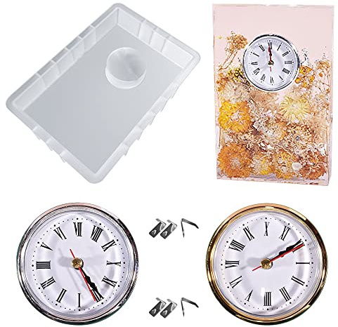 Allazone Uhr Harzformen Gießformen, Rechteck Uhr Silikonharz Formen Uhr Epoxidharz Gießformen mit 2 Uhrwerken Zubehör für DIY Basteln, Heimdekoration