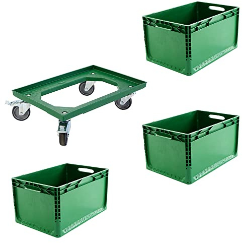 Schnellkarton Set 3 Euroboxen + Rollwagen Transportwagen Transportroller Eurobehälter Lagerbox Grün Kistenroller Behälter Lagerkiste Stapelbox Lagerkasten Box Euronormbox Eurokiste Grün