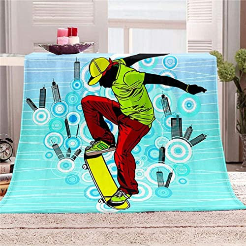 3D Kuscheldecke 180x200 Skateboard Fahren Warme Decke Teenager-Junge Flanell Fleecedecke Grün Flauschig Weich Wohndecke für Sofadecke Couchdecke Sofaüberwurf Bettüberwurf