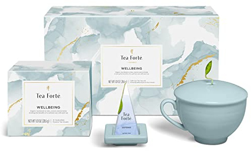 Tea Forte, Gift Tea Set with Cafe Cup, Tray and 10 Handcrafted Pyramid Infuser Bag (Wellbeing)
