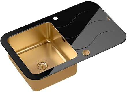 QUADRON Evier en verre cuisine | Dimensions 78 x 50 x 19 cm, couleur: Noir et Cuivre | GLEN 211 verre trempé monocuve | Evier de cuisine en acier inoxydable 1 bac | Evier avec égouttoir