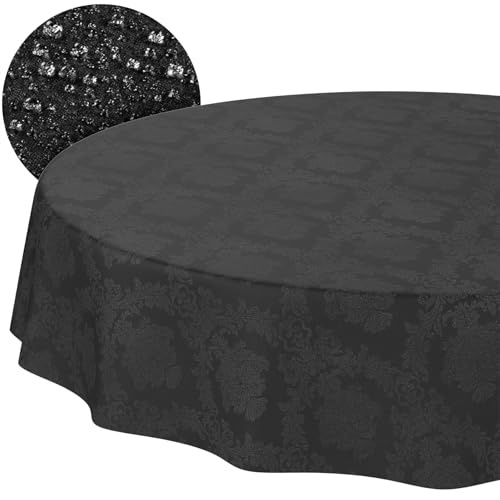 ANRO Tischdecke abwaschbar Damast Barock Schwarz rund Ø 140 cm In-/Outdoor | Gartentischdecke wetterfest – Tischwäsche aus beschichtetem Stoff – schmutz- & wasserabweisend, pflegeleicht