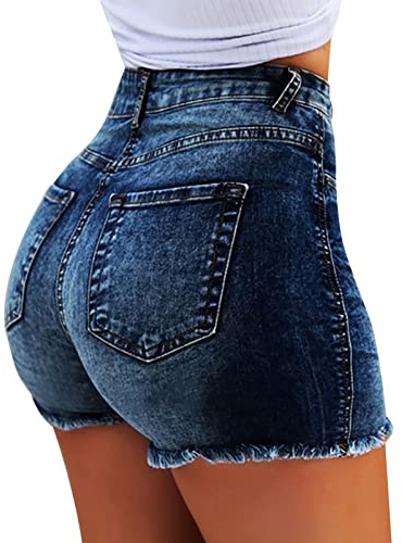 Womens Skinny Stretchy Bodycon Denim Shorts Butt Lifting High Waisted Frayed Raw Hem Distressed Boyfriend Jean Shorts 2024 Trendy Casual Summer Holiday Beach Hot Short Pants with Pockets Dark Blue