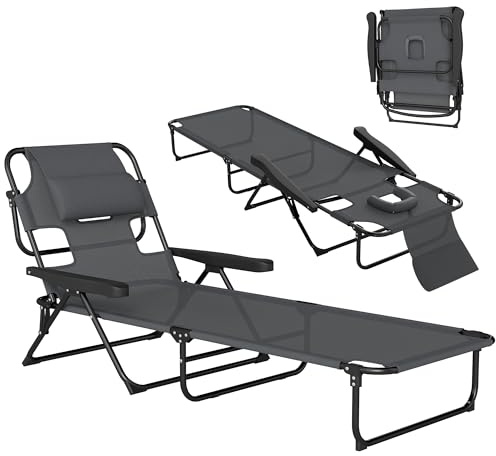 Outsunny Sonnenliege klappbar Gartenliege Lesefenster 120 kg Dunkelgrau | Kopfkissen, Liegestuhl, 4-Fach Verstellbare Rückenlehne, Wetterfeste Campingliege, Loch für Kopf, für Garten Strand Pool