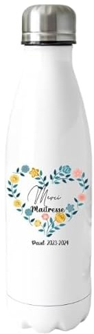 Bouteille Isotherme 750 ml Merci Maîtresse – Couronne de Fleurs – Personnalisée avec Prénom et Année Scolaire – Cadeau Fin d’Année