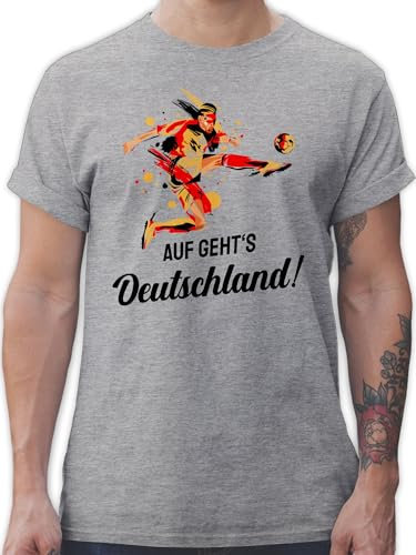 T-Shirt Herren - Fußball EM WM - Auf gehts Deutschland Germany - L - Grau meliert - Fussball Shirt männer Europameisterschaft Tshirt fu Ball Trikot em- Fanartikel t-Shirts fussballtrikot em24