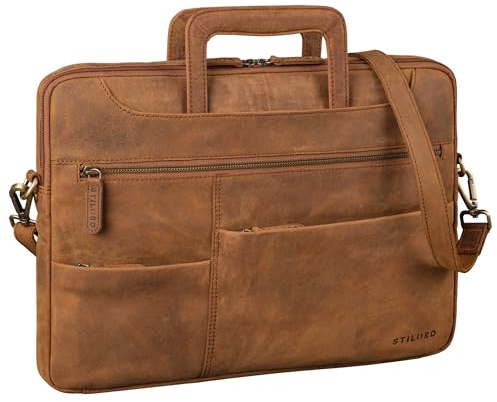 STILORD Farleigh 15,6 tum laptopväska läder med handtag axelväska män arbete resor affärsväska smalt äkta läder laptopfodral med axelrem och handledsrem, Ljusbrun, Medium