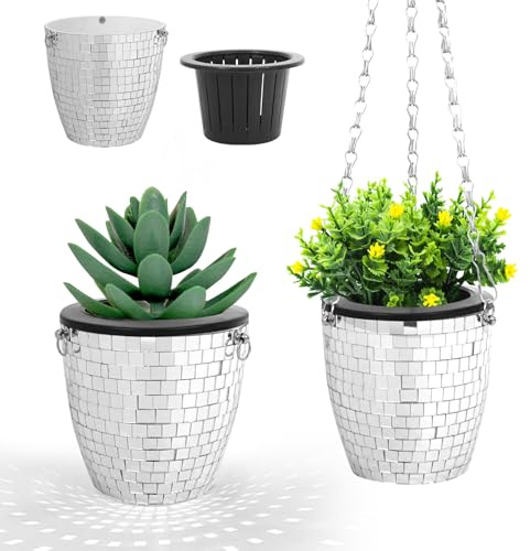 Qiumyanlod Discokugel Blumentöpfe Hängend,Discokugel Blumenampel,Disco übertopf Pflanzentopf Pflanzgefäß Blumenvase,Silber Spiegelkugel Töpfe Hängeampel Disco Kugel Deko für Kräuter,Kakteen,4 Zoll