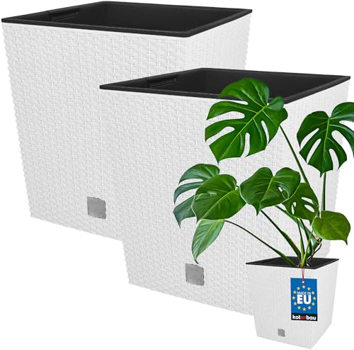 KOTARBAU® Uppsättning av 2 blomkrukor 64 l höjd: 40 cm vit växtkruka av plast ytterkruka med inre kruka blomkruka set som rotting växtkruka inomhus utomhus