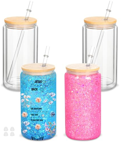 Micellwuu 4 Pack 16 Oz Sublimation Snow Globe Tumbler, Snow Globe Cups with Pre Drilled Hole, Double Wall Beer Can Glass Mason Jar Mug with Bamboo Lids and Straws for Snowglobe DIY