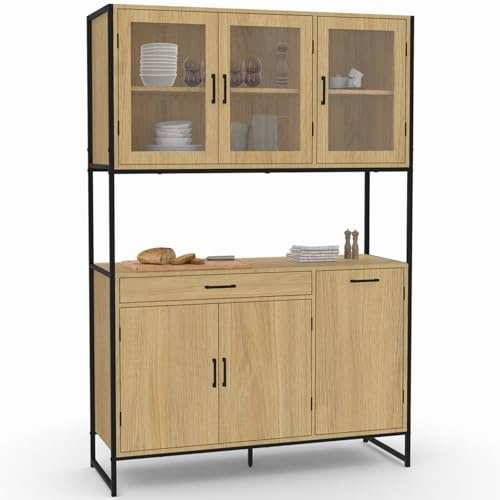 IDMarket - Buffet de Cuisine vitré 120 cm Detroit Design Industriel | Meuble vaisselier, 6 portes et tiroir
