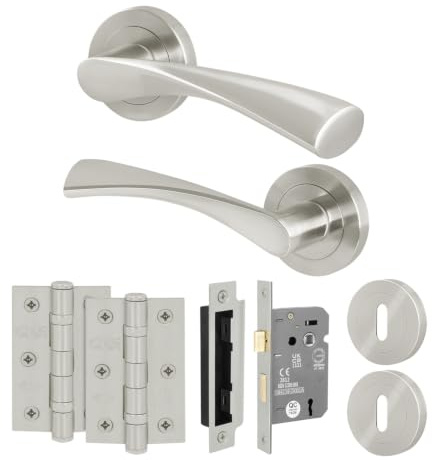 EAI Satin Nickel Door Handles with Sash Lock, Hinges - Novoli | Complete Key Lock Kit with 1 Pair of Round Lever on Rose Door Handles, Sashlock, Fixings Included