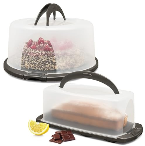 Hausfelder Kuchentransportbox Set 2-teilig, Anthrazit | rund und rechteckig für Kastenkuchen, BPA-frei, Kuchenbehälter mit Deckel für Transport und Aufbewahrung