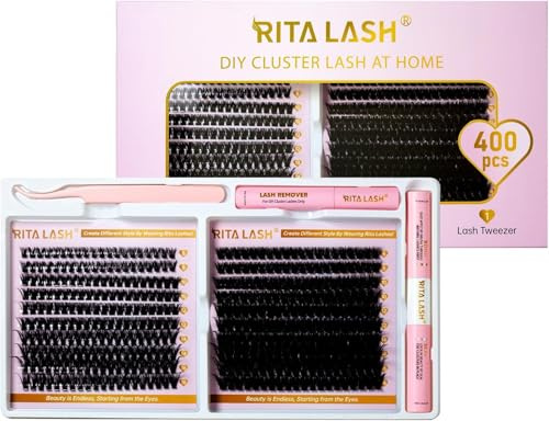 RITALASH Lash Extension Kit 400Pcs,DIY Lash Clusters Kit 8-16mm Cluster Lashes Fluffy Eyelash Clusters Lash Bond And Seal,Lash Remover,Tweezers For Clusters Eyelash Extensions(60D+100D Cluster Kit)