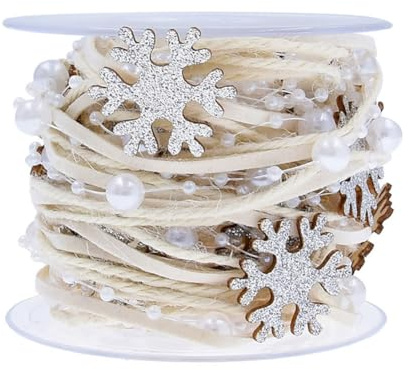 GreatRise 5 Meter/Rollen Weihnachtsbänder mit Perlen und Glitter Silver Schneeflocke Geschenkband Dekoband Perlenband Perlenkette Hochzeit Deko Geschenkverpackung Blumenstrauß Dekoration Bastelband