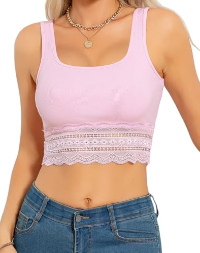 BEINF Damen Crop Top Sommer Y2K Tank Tops Sexy Spitzen Basic Camisole Shirt | Quadratischer Ausschnitt, Spitzen, Oberteile, Going Out Top, Splicing, Tanktops, Frauen, Rippenstrick, Ärmellos, Slim Fit